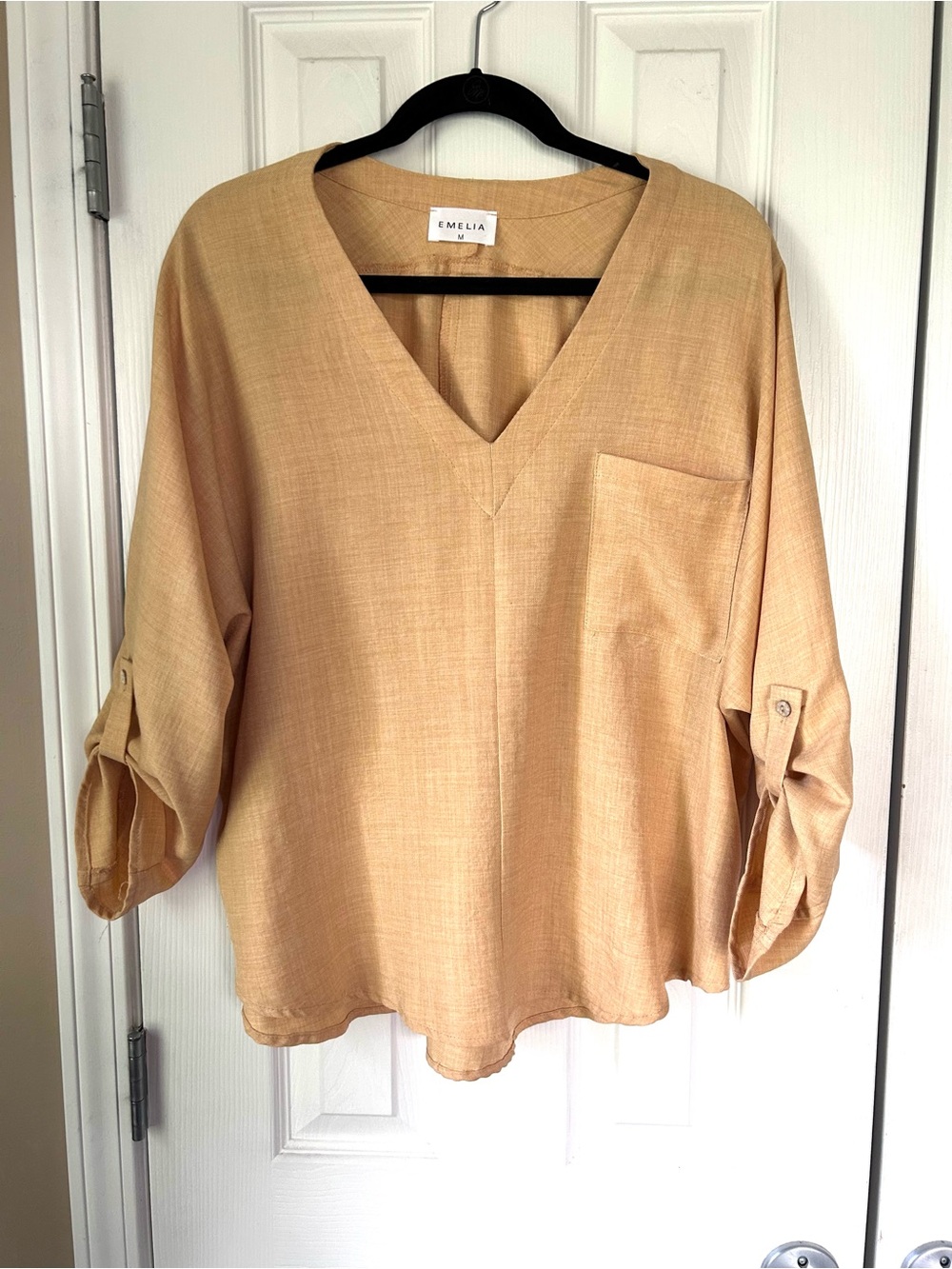 Emelia Tan Linen V-Neck Roll Tab Sleeve Blouse Size M